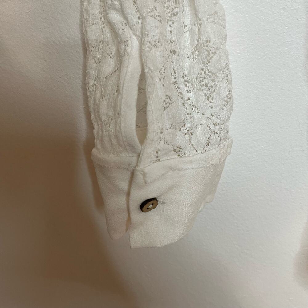 Free People White Tunic Top M Womens Button Front Collared Long Sleeve Lace Tie - Picture 5 of 10